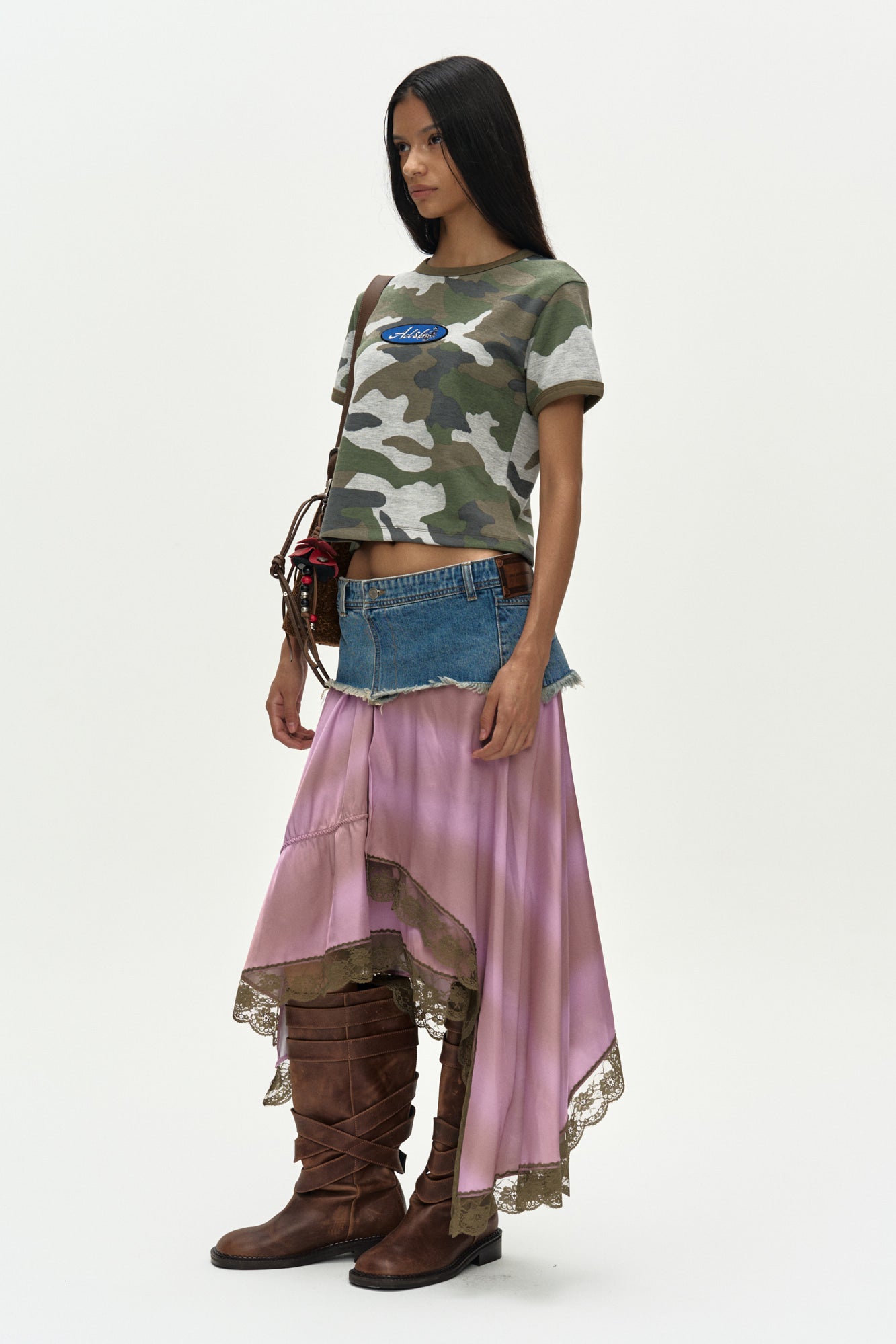 Andersson Bell - Denim Combination Lace Hem Skirt (Denim/Pink) product image 2 | TRAB K-Fashion Australia