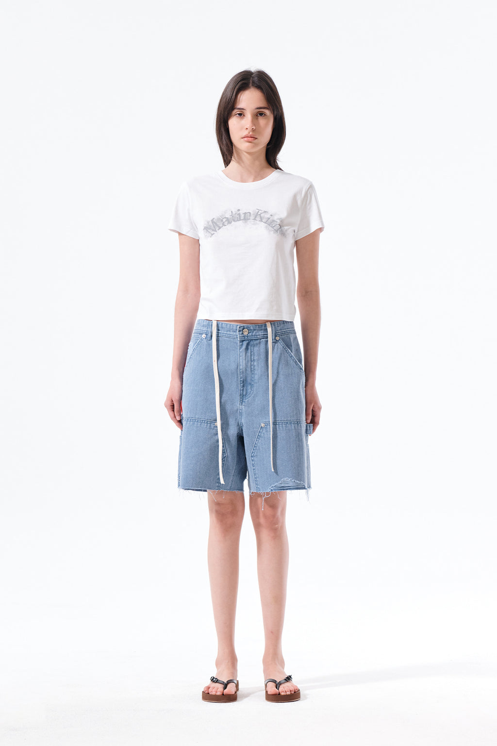 Matin Kim - Heringbone Raw Cut Denim Shorts (Light Blue) product image 16 | TRAB K-Fashion Australia