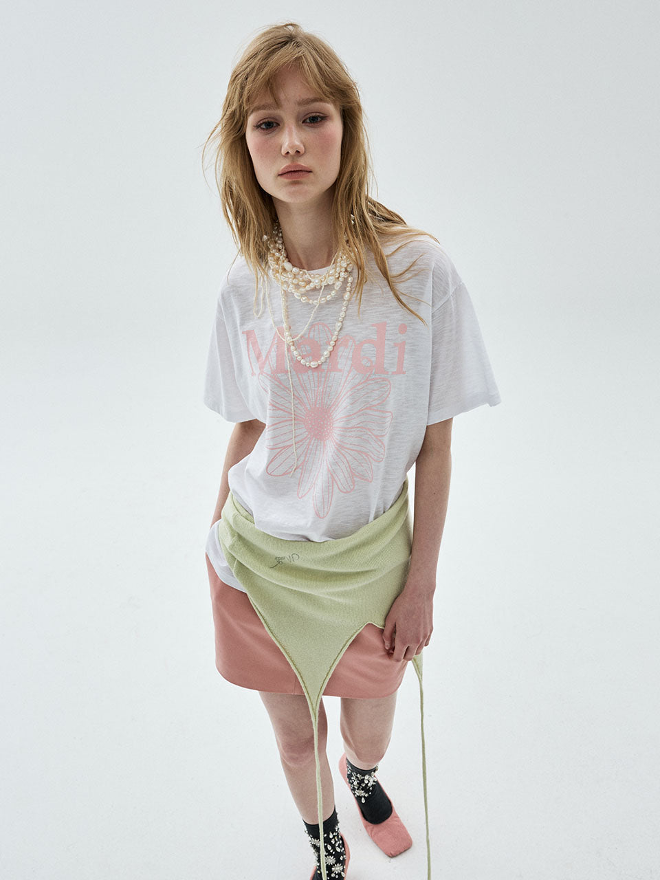 Mardi Mercredi - Slub Cotton Tshirt Flowermardi (White Palepink) product image 1 | TRAB K-Fashion Australia