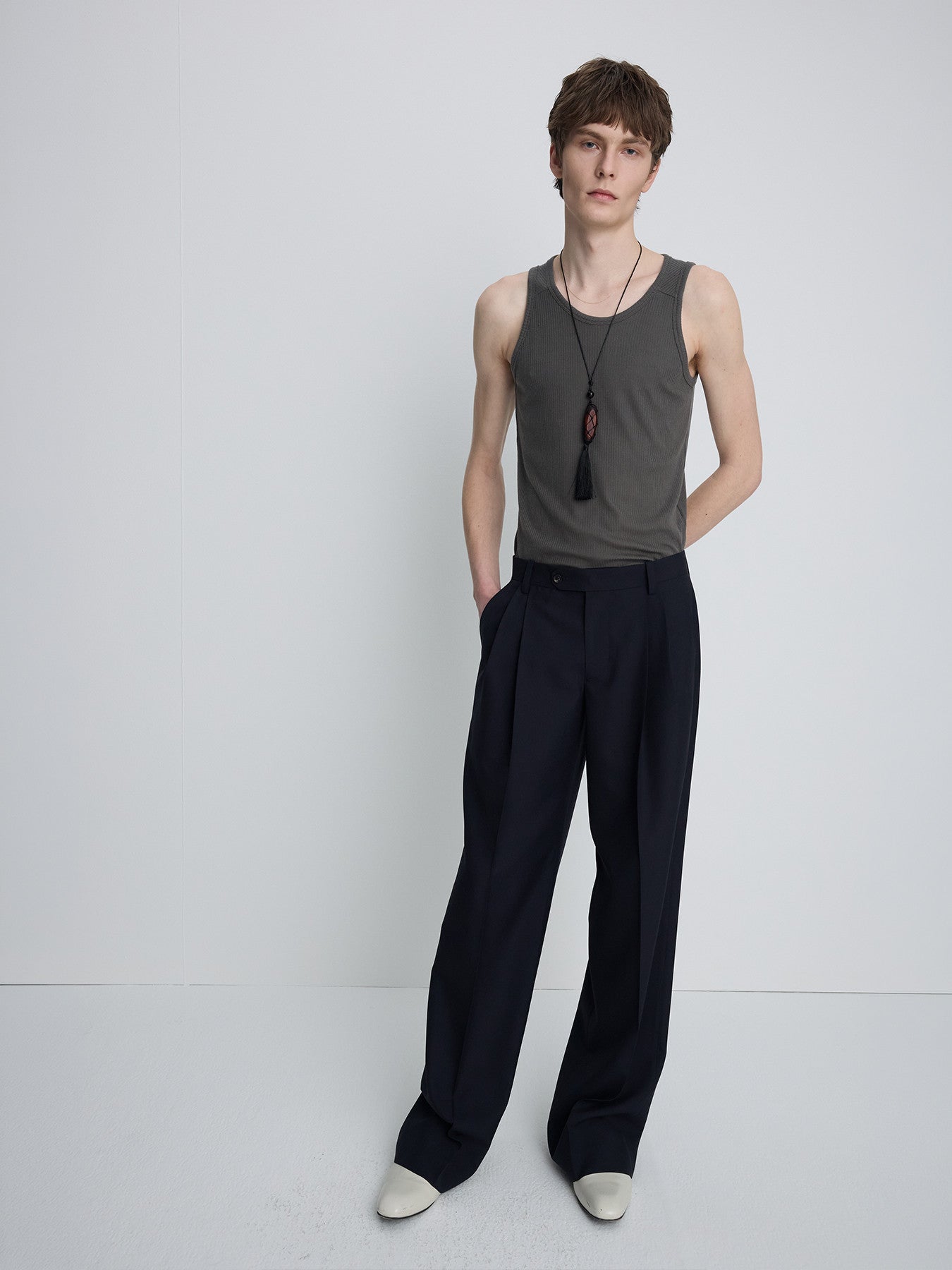 Tonywack - Silk Lyocell Rib Tank Top Japanese Fabric (Olive Charcoal) product image 8 | TRAB K-Fashion Australia
