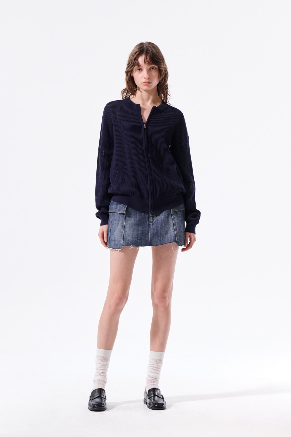 Matin Kim - Back Logo Jacquard Mesh Knit Zip Up (Navy) product image 11 | TRAB K-Fashion Australia
