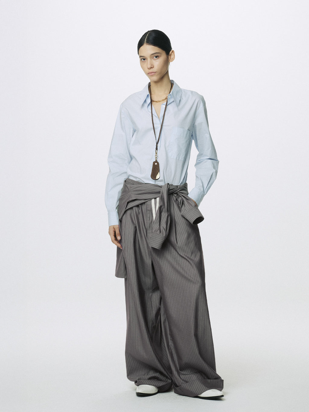Tonywack - Silk Wool Wide Leg Pajama Trousers (Dark Grey Stripe) product image 5 | TRAB K-Fashion Australia
