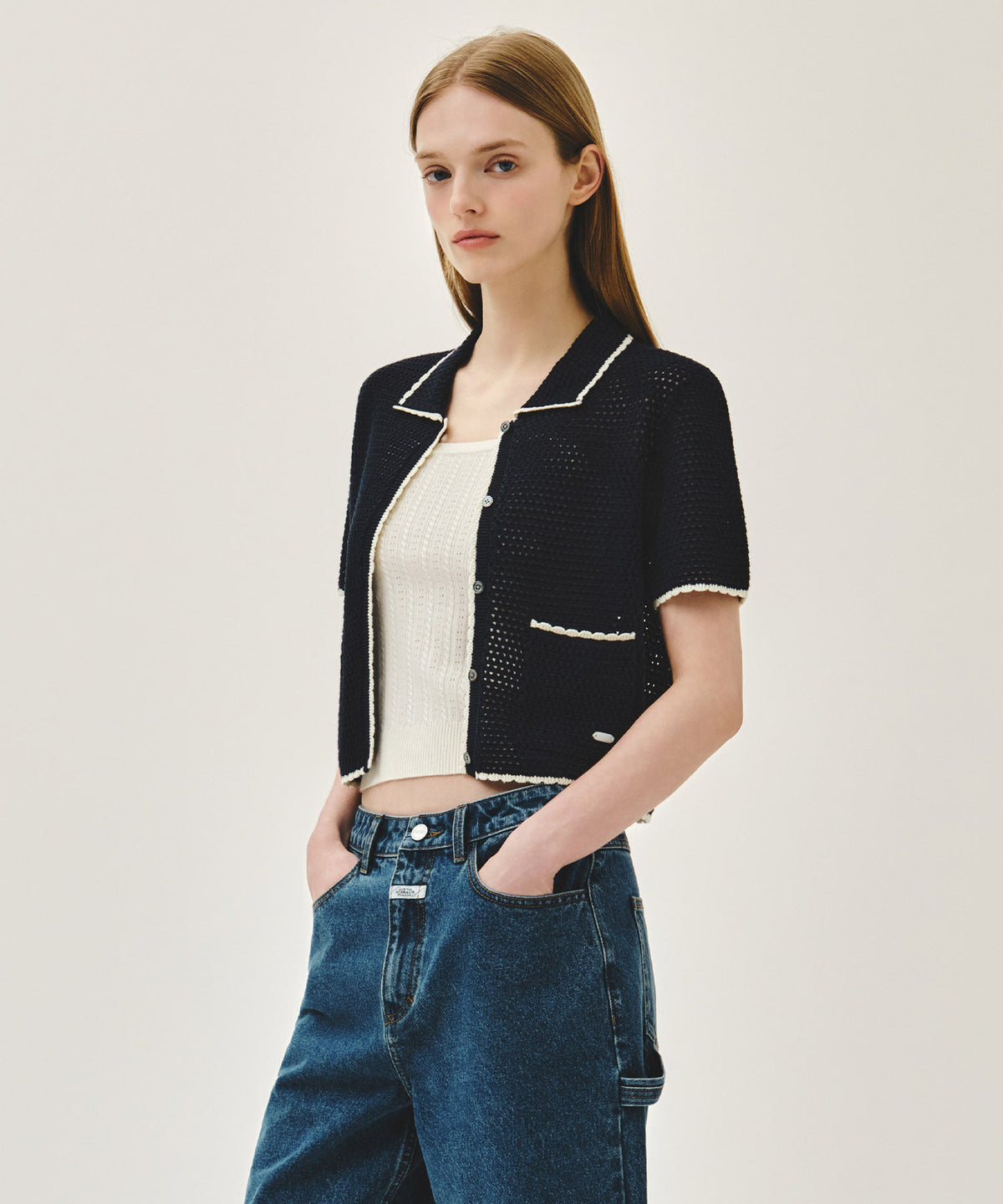 Marithe & Francois Girbaud - Crochet Half Knit Cardigan (Navy) product image 2 | TRAB K-Fashion Australia