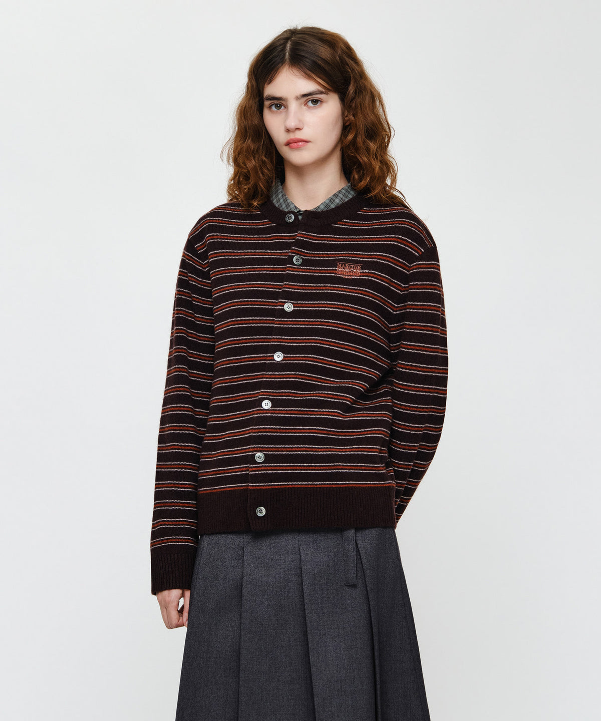 Marithe & Francois Girbaud - Premium Small Classic Logo Wool Round Neck Cardigan (Brown) product image 2 | TRAB K-Fashion Australia