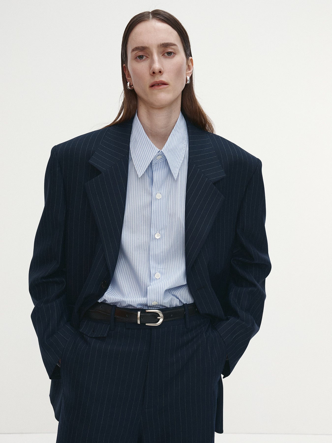 Tonywack - Striped Wool Oversized Tailored Jacket (Navy Pinstripe) product image 1 | TRAB K-Fashion Australia
