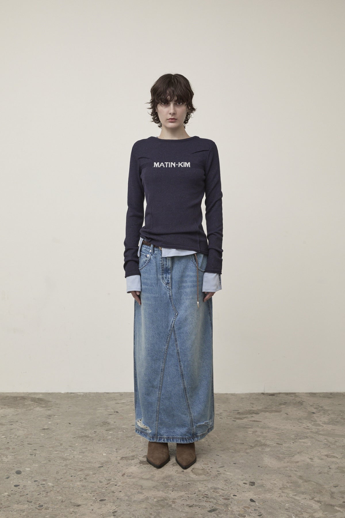Matin Kim - Glitter Slim Logo Knit Top (Navy) product image 9 | TRAB K-Fashion Australia