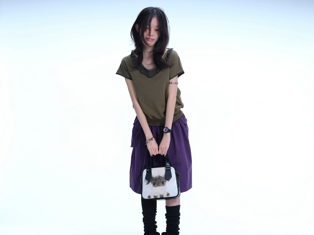Coyseio - Ruffle V-Neck Smocked T-Shirt (Olive) product image 3 | TRAB K-Fashion Australia