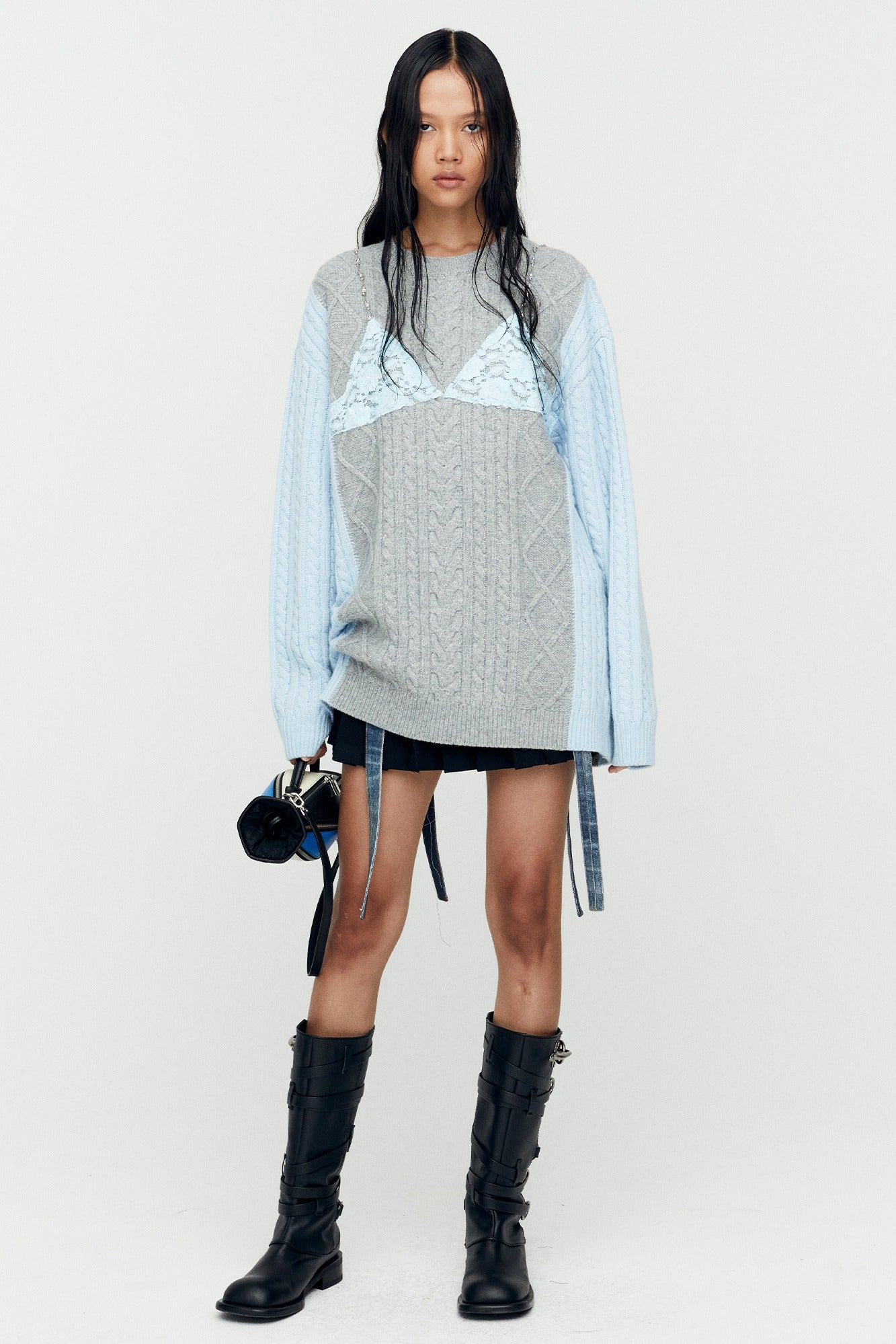 Andersson Bell - Lace Lingerie Boyfriend-Fit Knit (Grey) product image 1 | TRAB K-Fashion Australia