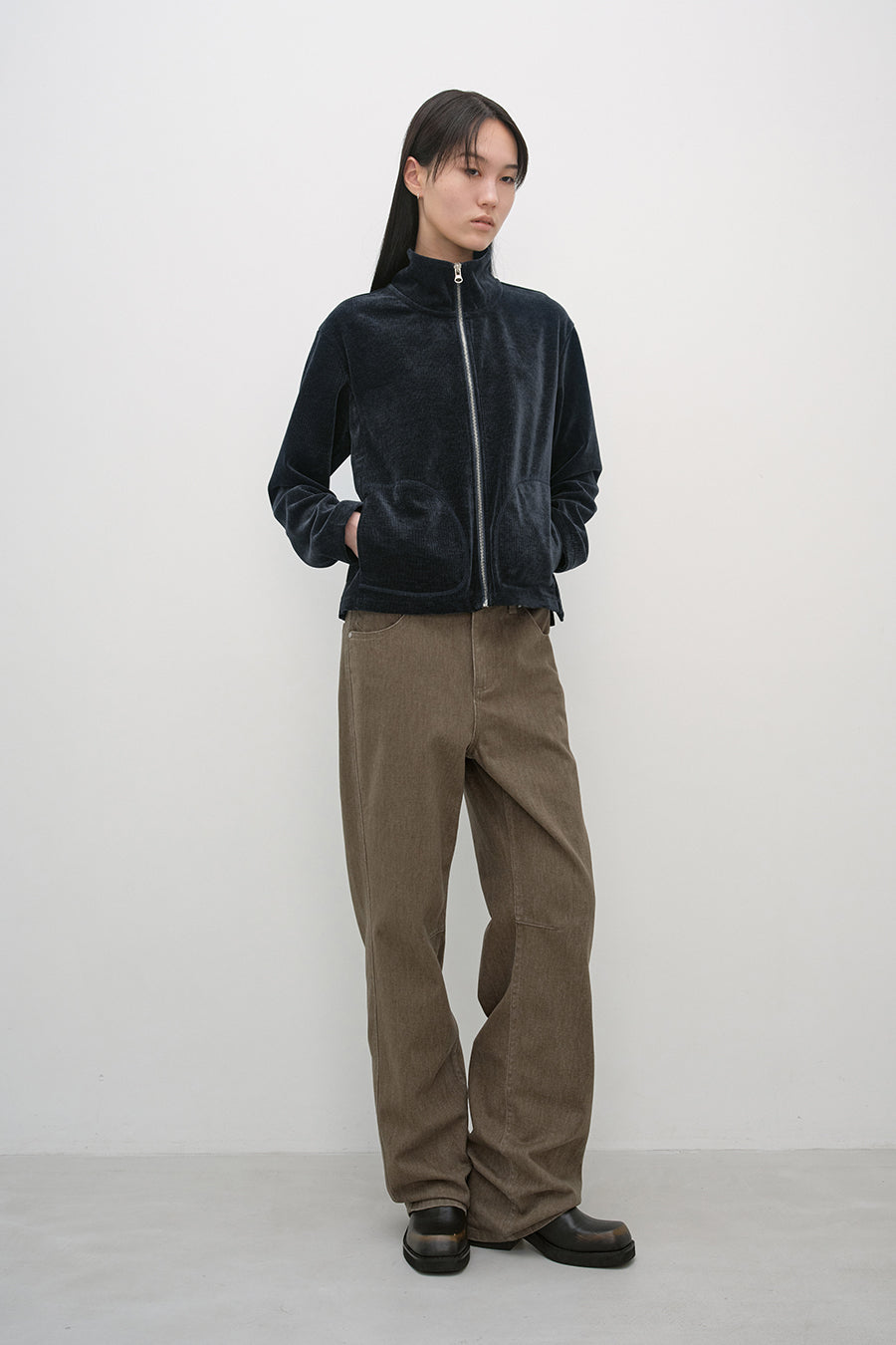 Insilence - Corduroy High-Neck Zip-Up (Ash Navy) product image 3 | TRAB K-Fashion Australia