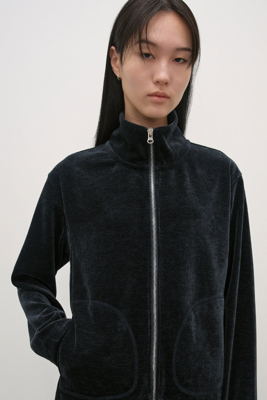 Insilence - Corduroy High-Neck Zip-Up (Ash Navy) product image 1 | TRAB K-Fashion Australia