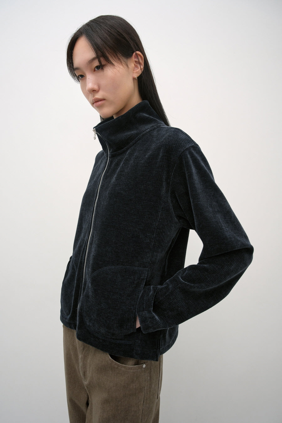 Insilence - Corduroy High-Neck Zip-Up (Ash Navy) product image 2 | TRAB K-Fashion Australia