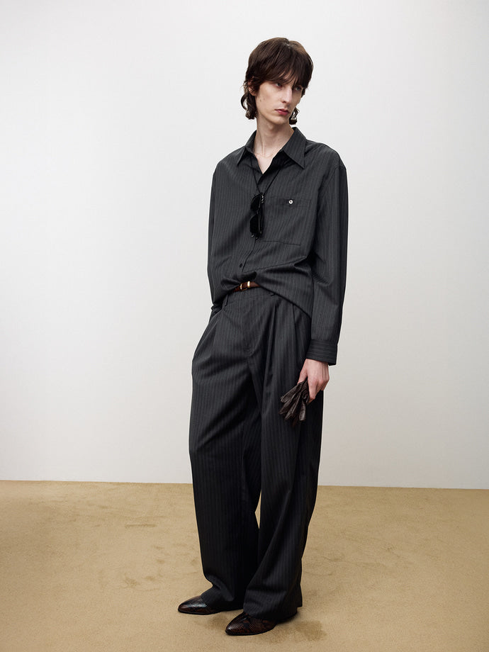 Tonywack - Striped Wool Double-Pleats Wide Trousers (Grey Pinstripe) product image 5 | TRAB K-Fashion Australia
