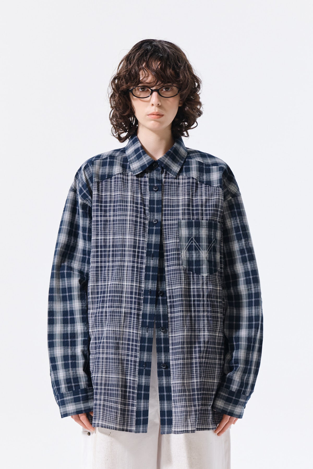 Matin Kim - Mixed Check Over Fit Shirt (Navy) product image 7 | TRAB K-Fashion Australia