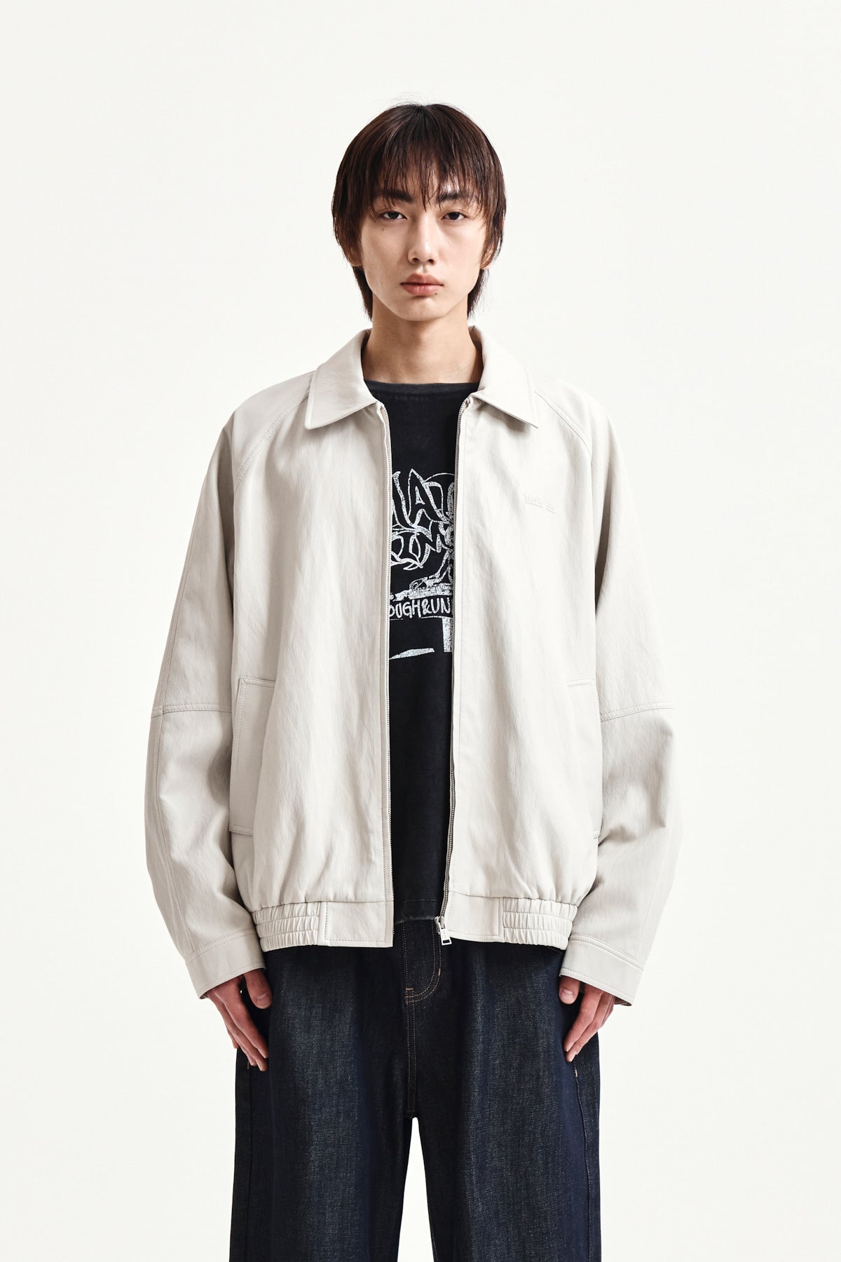 Matin Kim - Small Logo Faux Leather Zip Up Jumper (Light Grey) product image 11 | TRAB K-Fashion Australia