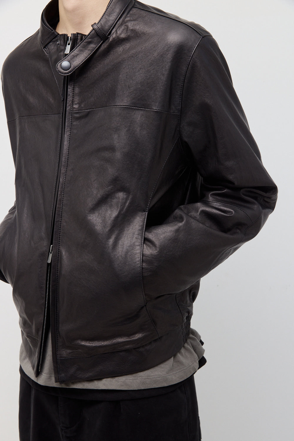 Hatchingroom - Stand Collar Leather Jacket Lamb Skin (Black) product image 9 | TRAB K-Fashion Australia