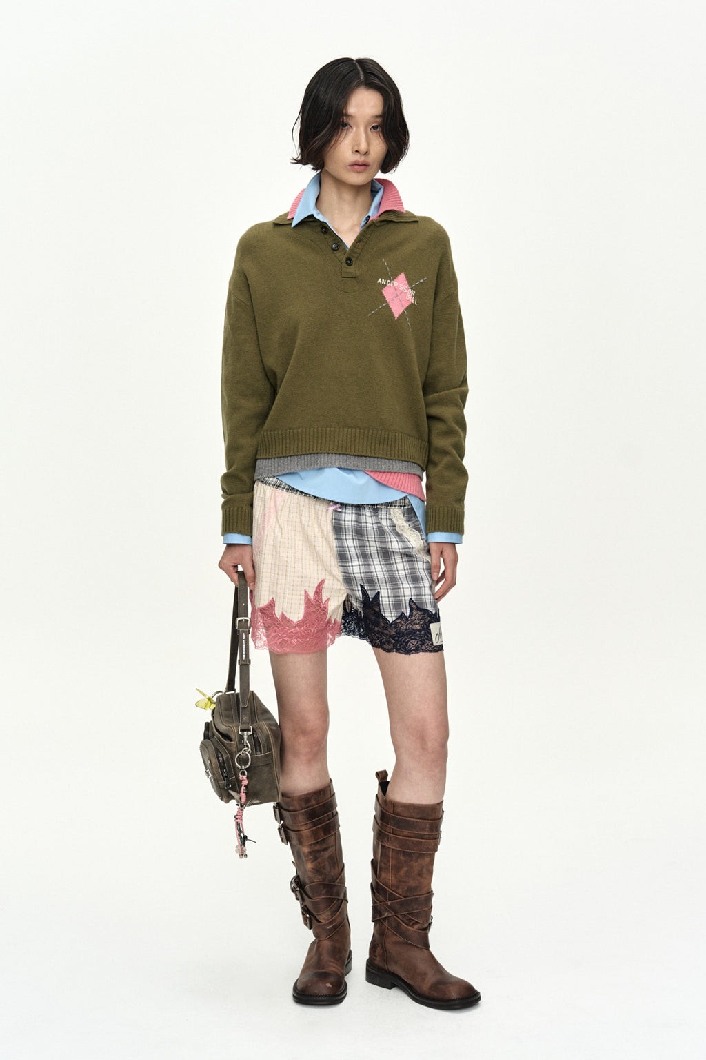 Andersson Bell - Double Collar Argyle Logo Sweater (Khaki/Pink) product image 10 | TRAB K-Fashion Australia