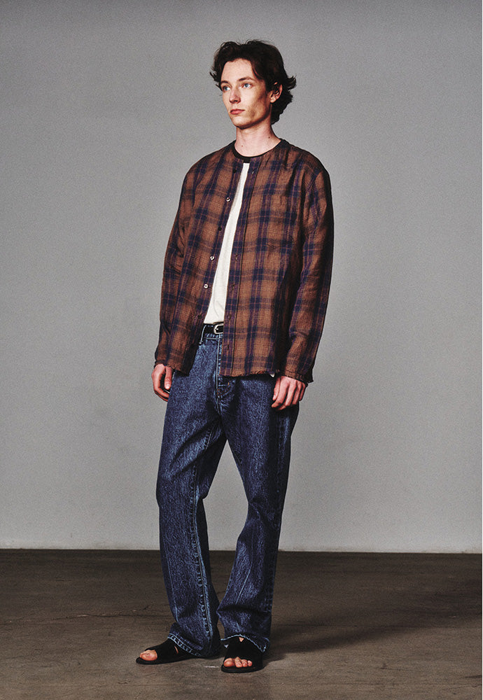 Art if acts - Non Collar Linen French Check Shirt (Blue/Brown) product image 3 | TRAB K-Fashion Australia