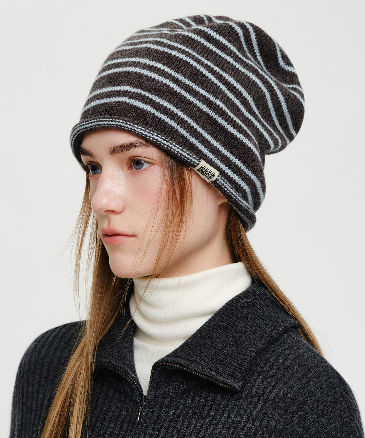 Marithe & Francois Girbaud - Micro Classic Logo Stripe Beanie (Brown) product image 2 | TRAB K-Fashion Australia