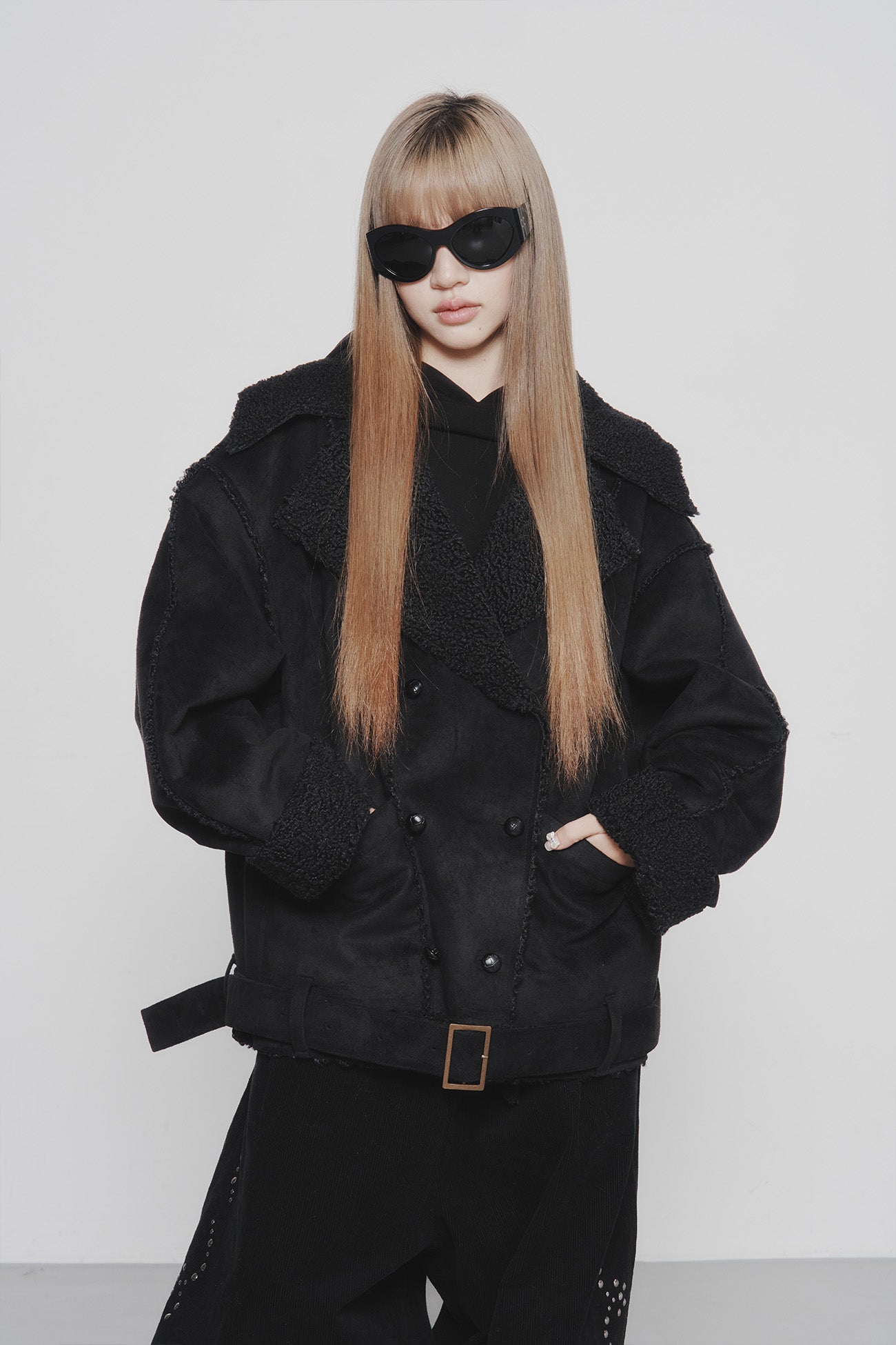 Deinet - Button Up Belted Shearling Jacket (Black) product image 11 | TRAB K-Fashion Australia