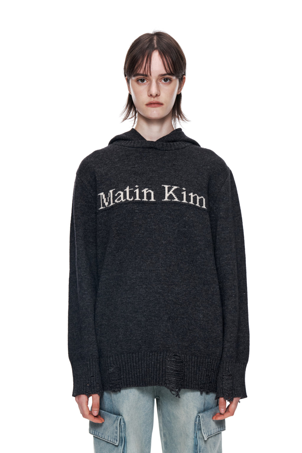 Matin Kim - Damage Logo Knit Hoodie (Charcoal) product image 10 | TRAB K-Fashion Australia