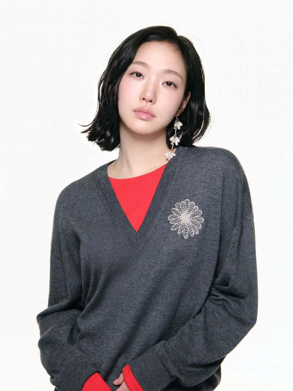 Mardi Mercredi - Wool Blend V Neck Layered Flower (Charcoal Cream) product image 1 | TRAB K-Fashion Australia