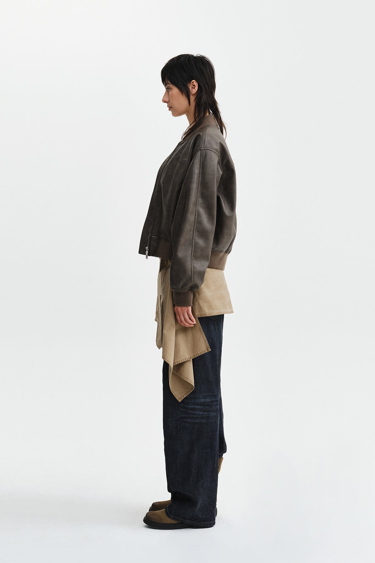 Matin Kim - Faux Leather Rib Collar Blouson (Brown) product image 7 | TRAB K-Fashion Australia