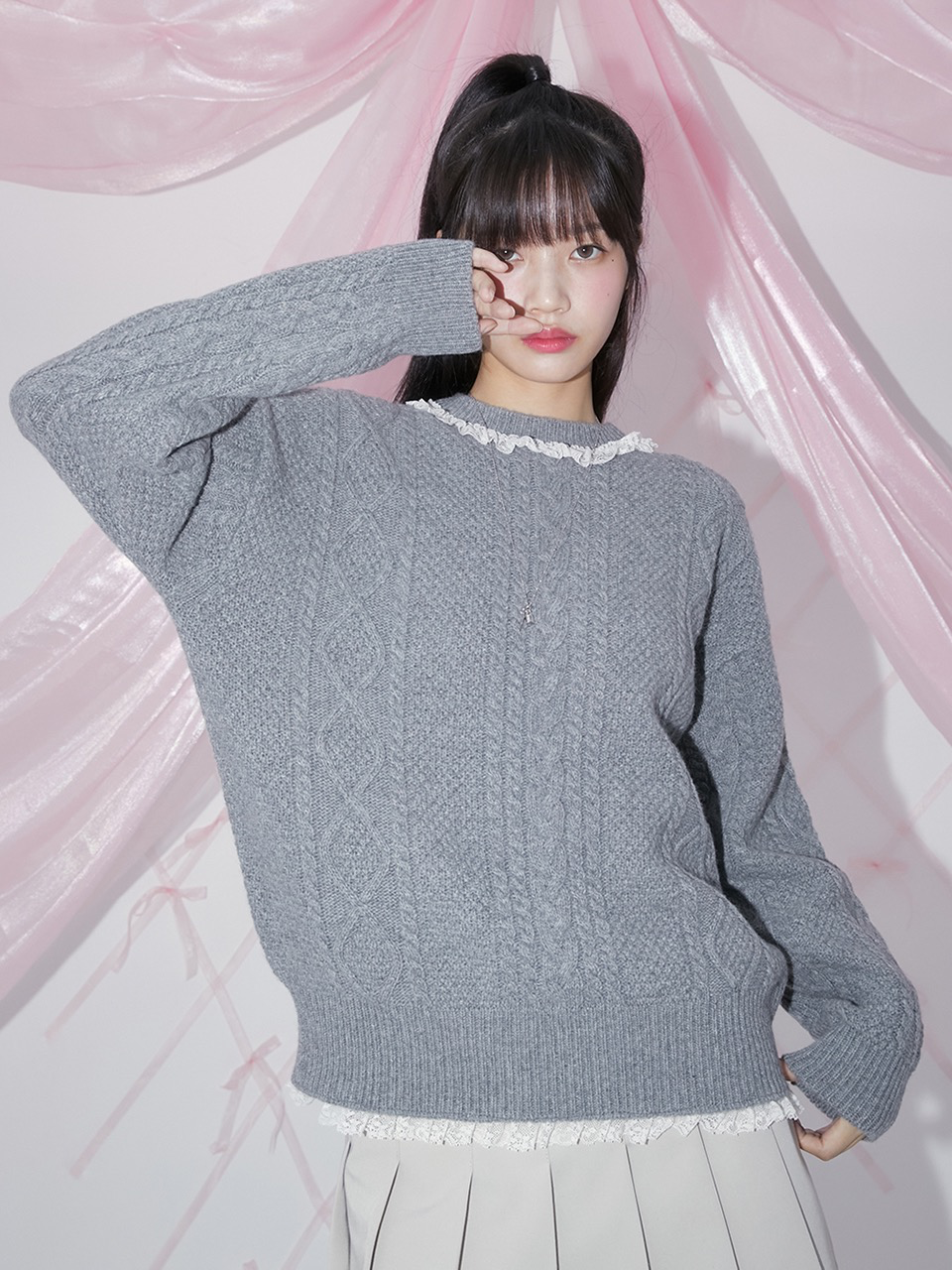 Margarin Fingers - Lace Cable-Knit (Grey) product image 1 | TRAB K-Fashion Australia