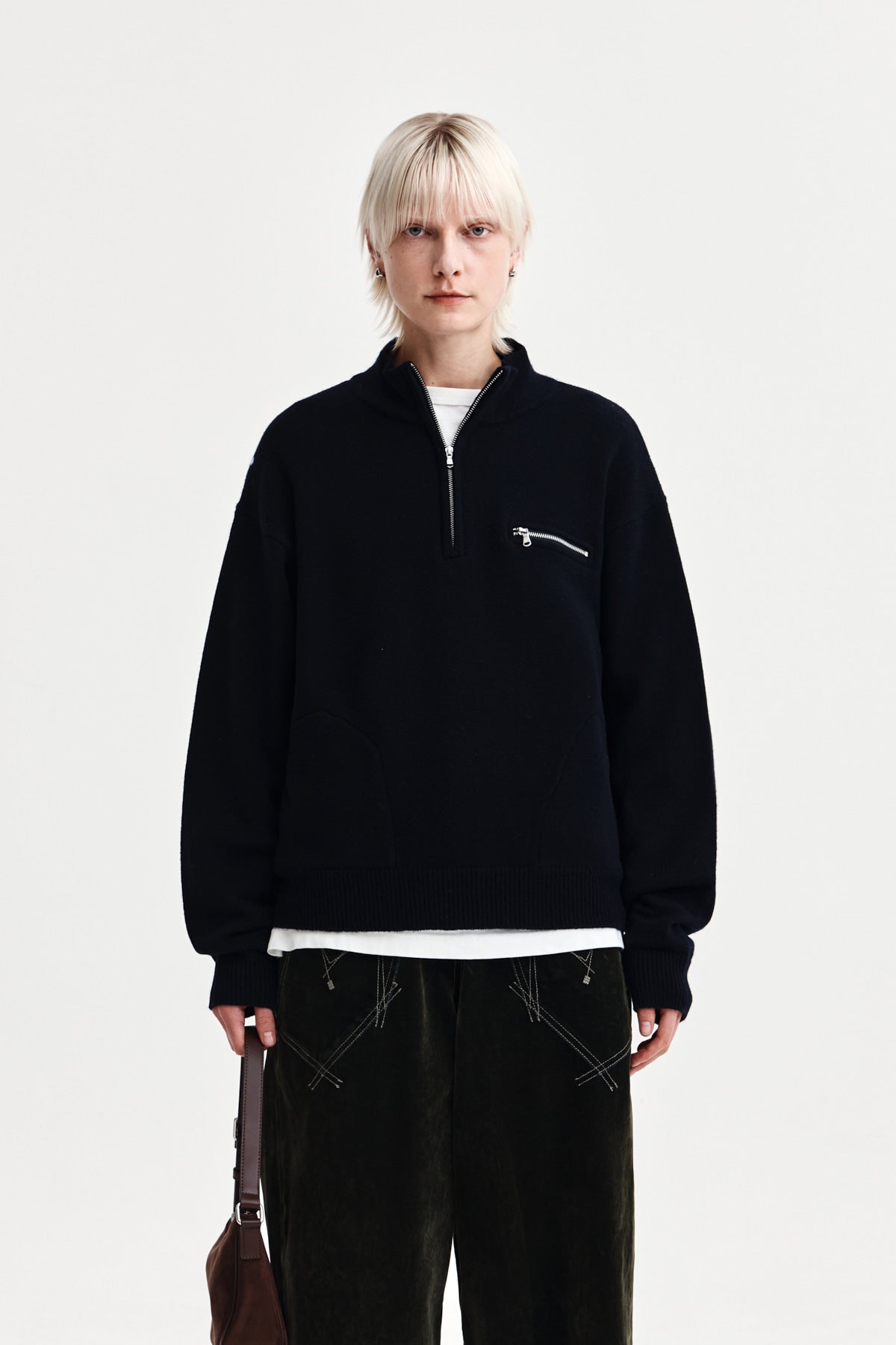 Matin Kim - Back Logo Half Knit Zip Up Pullover (Navy) product image 1 | TRAB K-Fashion Australia