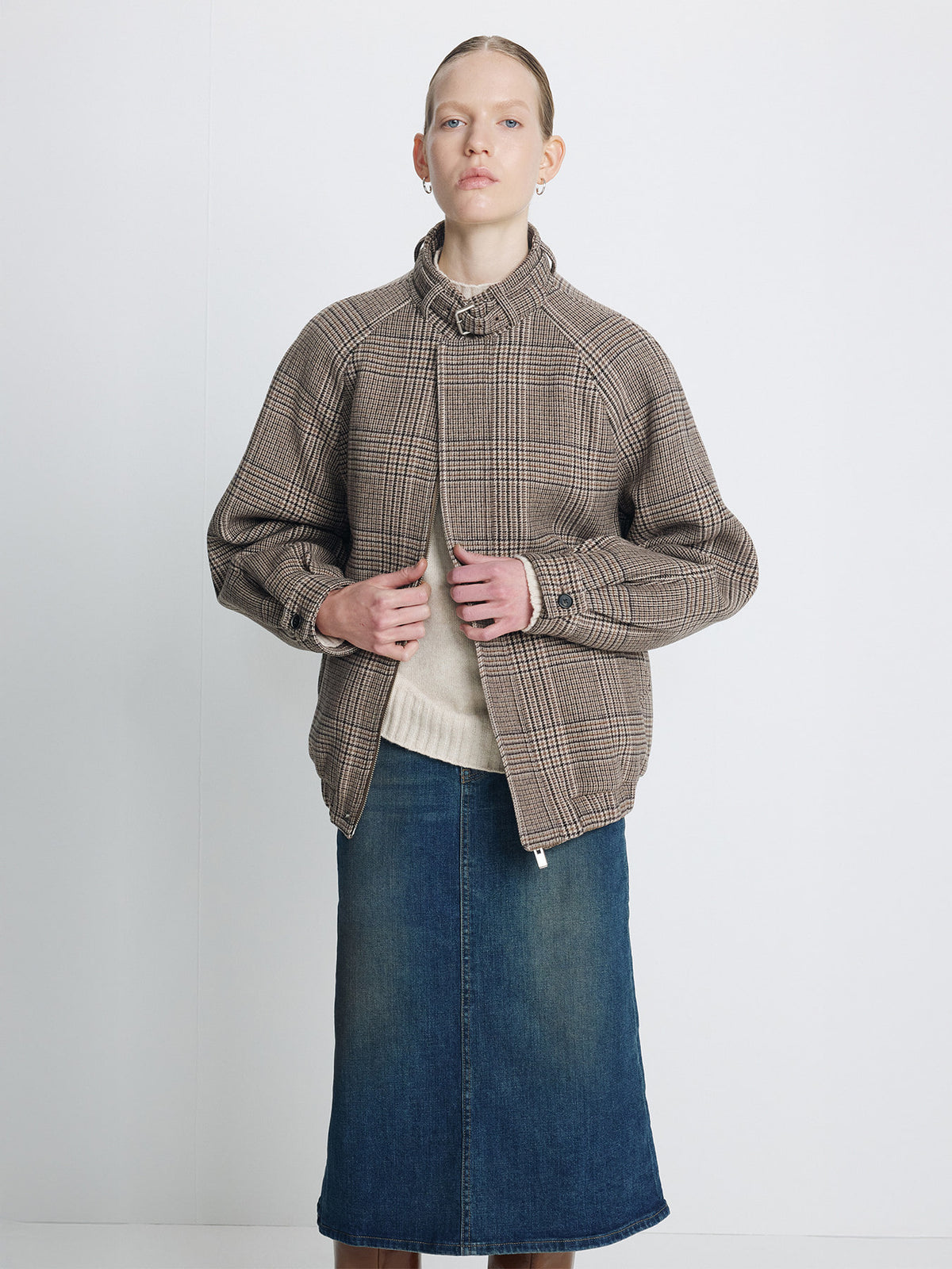 Tonywack - Checked Wool Flannel Belted Stand Collar Bomber (Glen Check) product image 4 | TRAB K-Fashion Australia