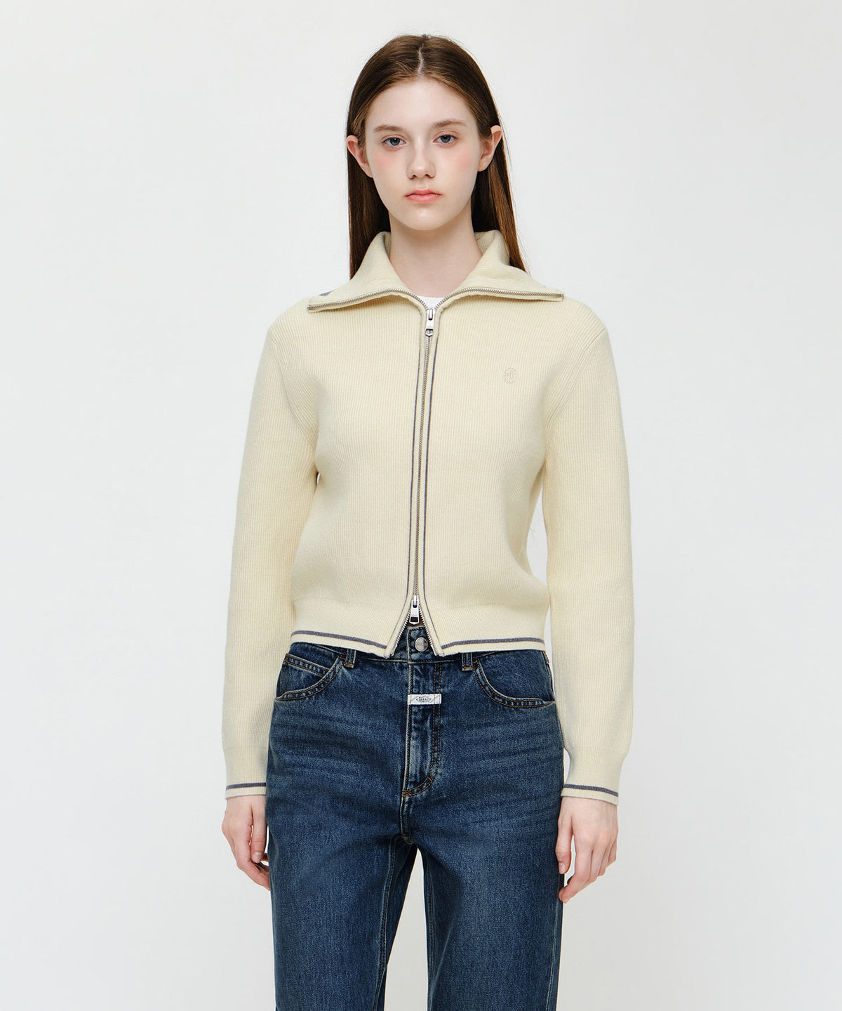 Marithe & Francois Girbaud - Big Collar Crop Zip-up Cardigan (Ivory) product image 1 | TRAB K-Fashion Australia