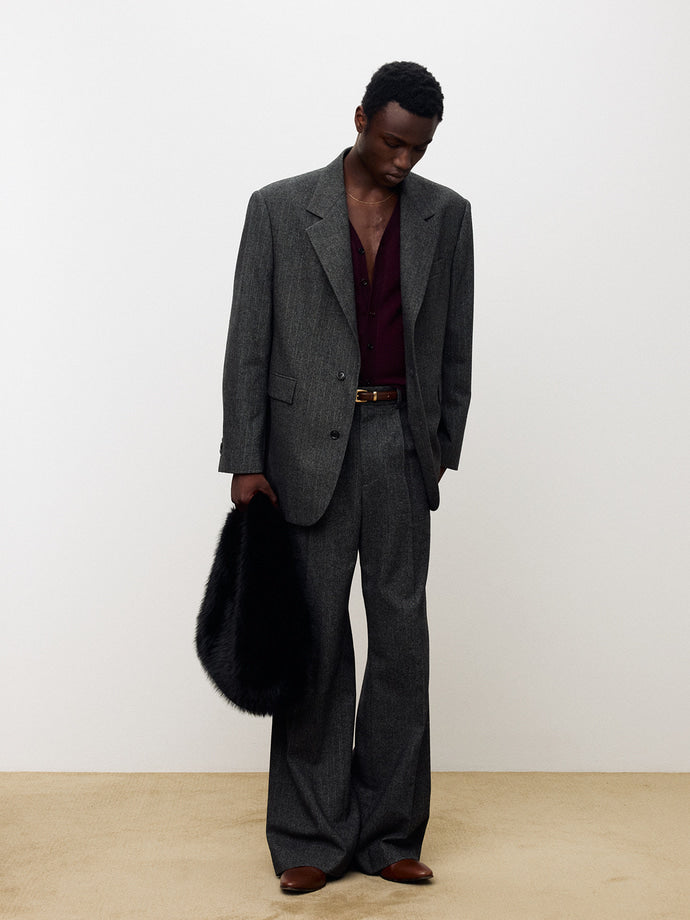 Tonywack - Herringbone Wool Wide-Leg Pleated Trousers (Mid-Grey Herringbone) product image 2 | TRAB K-Fashion Australia