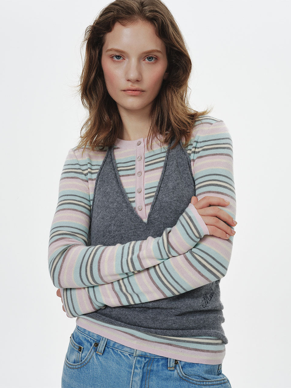 Mardi Mercredi - Slim Henley Knit Top Multi Stripe (Mint) product image 1 | TRAB K-Fashion Australia
