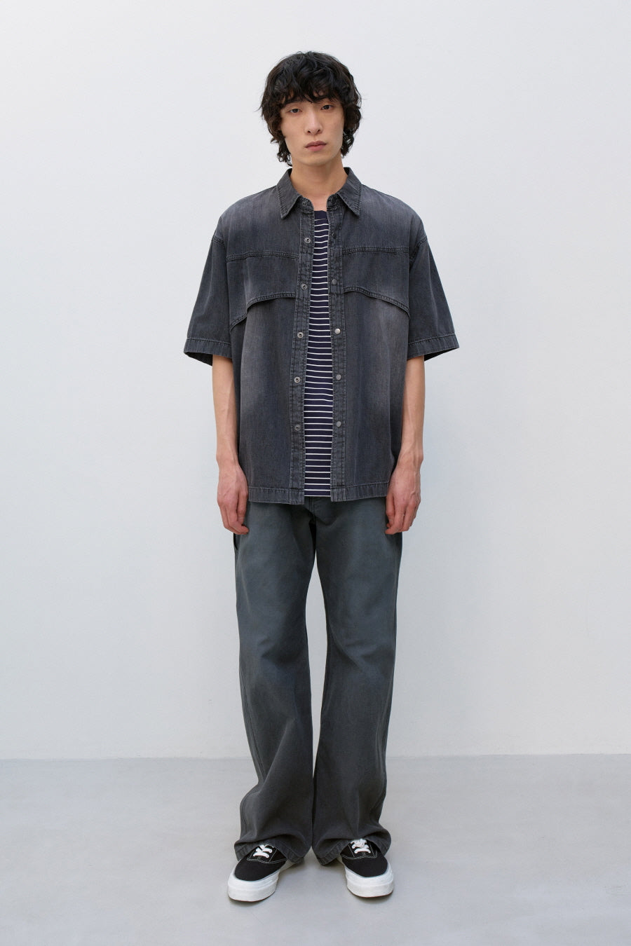 Insilence - Flash Half Denim Shirt (Washed Black) product image 1 | TRAB K-Fashion Australia