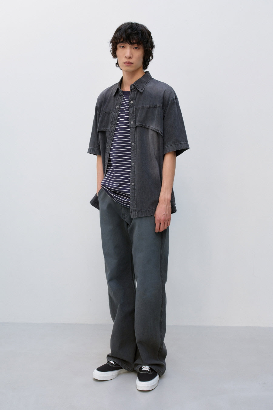 Insilence - Flash Half Denim Shirt (Washed Black) product image 3 | TRAB K-Fashion Australia