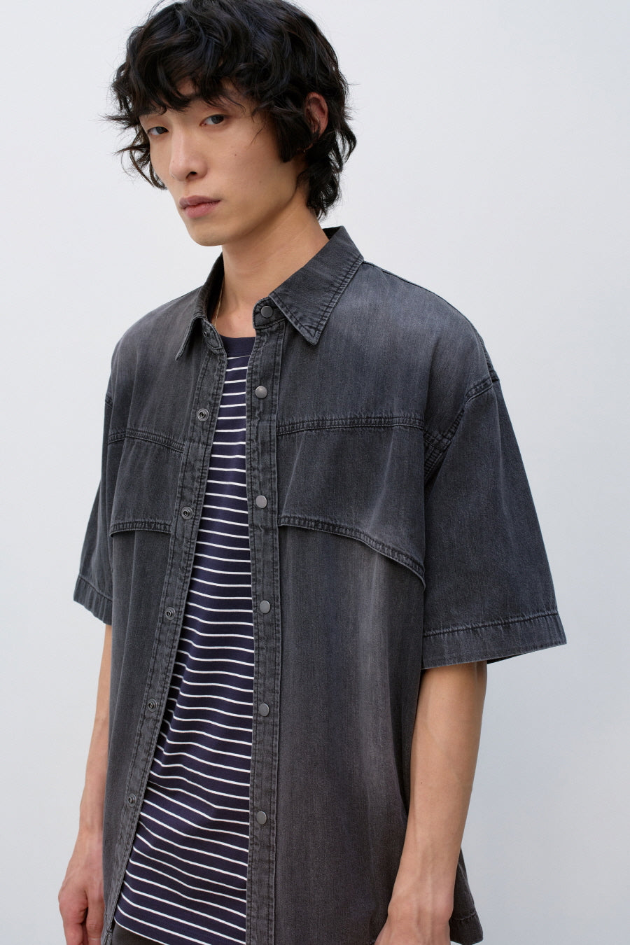 Insilence - Flash Half Denim Shirt (Washed Black) product image 2 | TRAB K-Fashion Australia