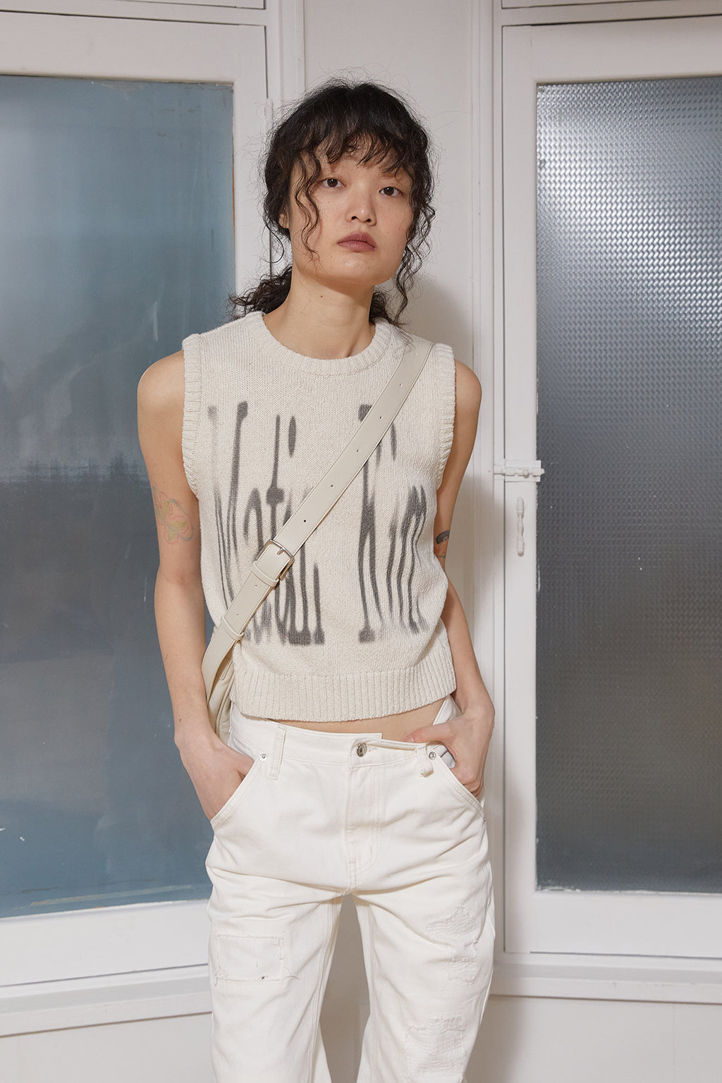 Matin Kim - Big Logo Printing Knit Vest (Beige) product image 11 | TRAB K-Fashion Australia
