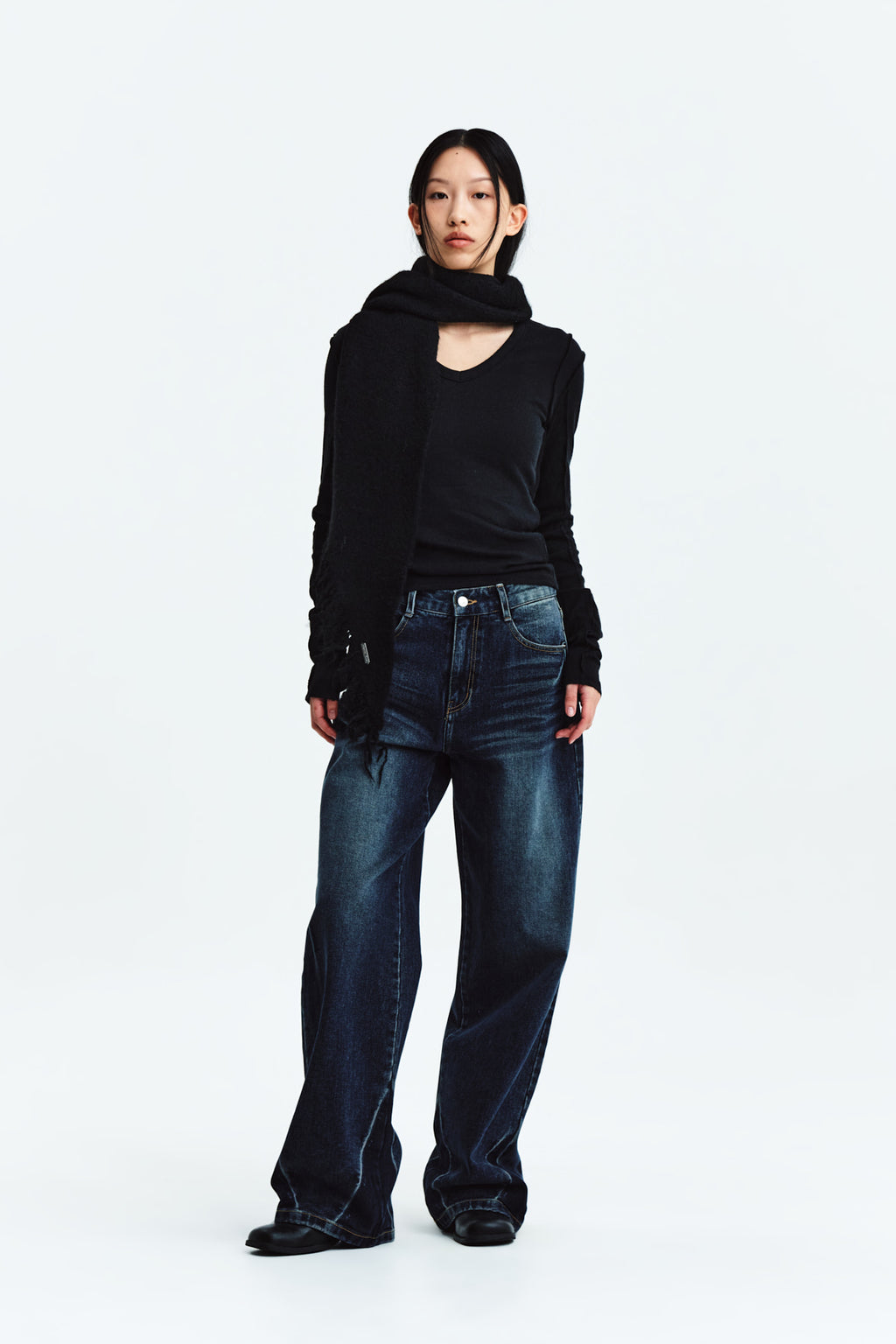 Matin Kim - Stitch V Neck Slim Long Sleeve (Black) product image 10 | TRAB K-Fashion Australia