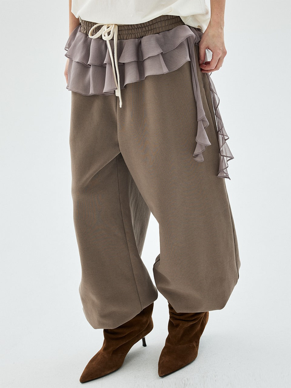 Mardi Mercredi - Chiffon Layered Jogger Pants Frill (Taupe) product image 1 | TRAB K-Fashion Australia
