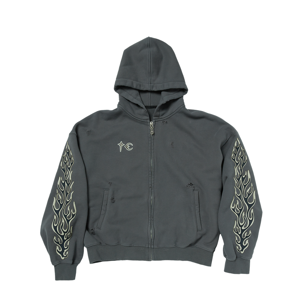 Thug Club - Leather Flame Hooded Zip-Up (Grey) product image 1 | TRAB K-Fashion Australia