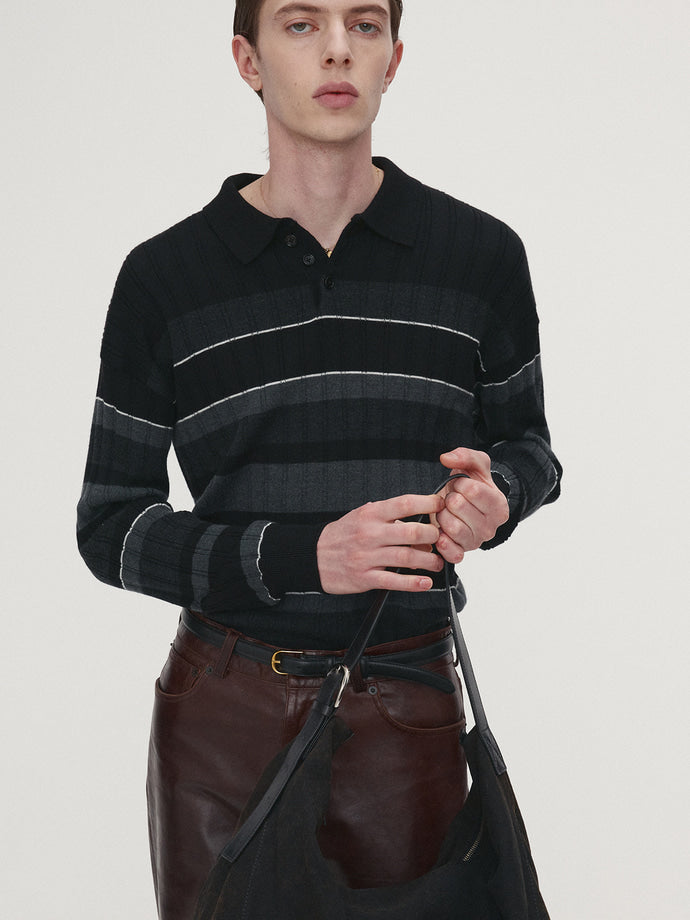 Tonywack - Super Fine Wool Ribbed Stripe Polo Knit (Black/Grey) product image 6 | TRAB K-Fashion Australia