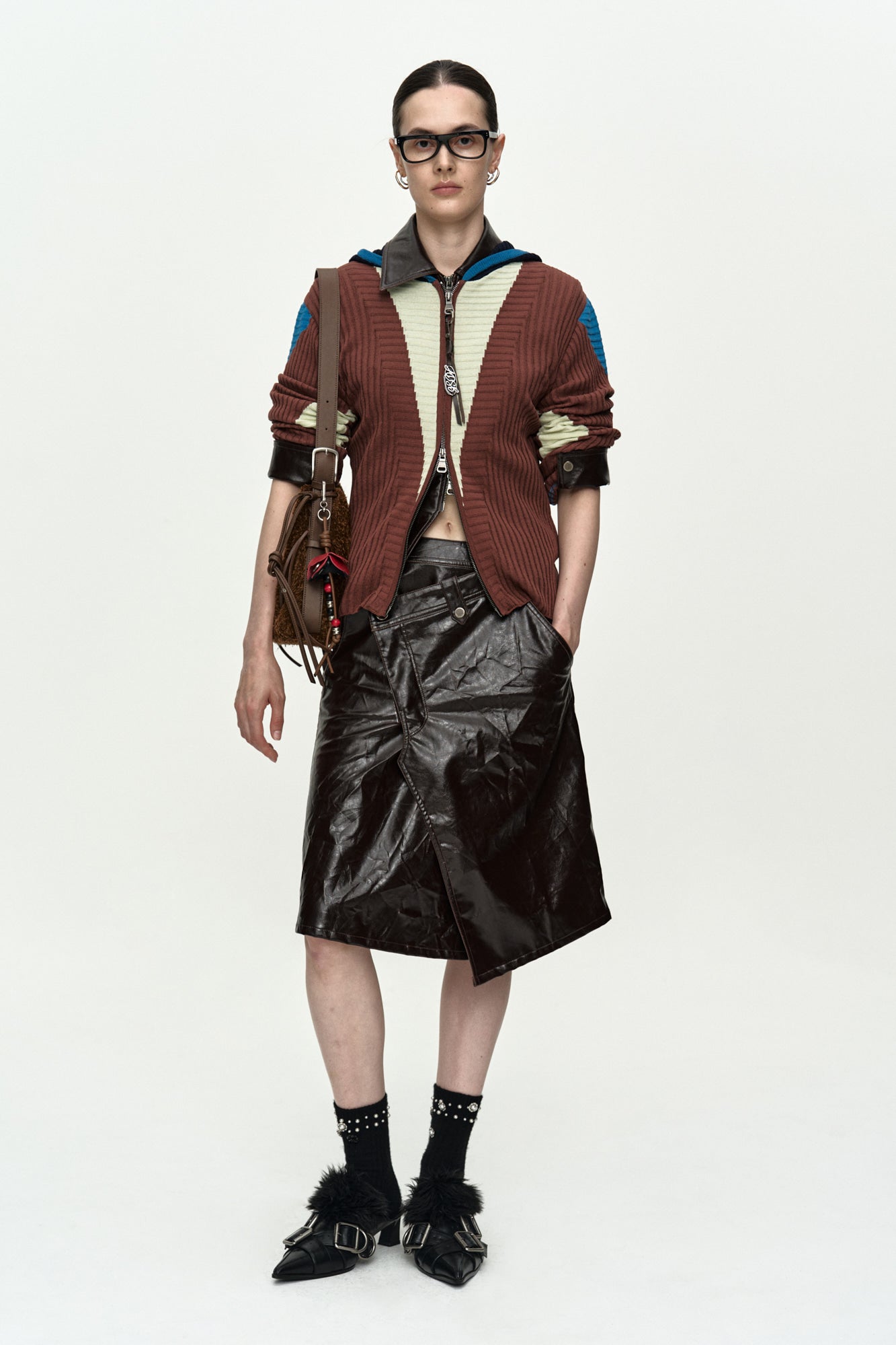 Andersson Bell - Risa Color-Blocked Knit Zip-Up Hoodie (Brown/Lime) product image 7 | TRAB K-Fashion Australia