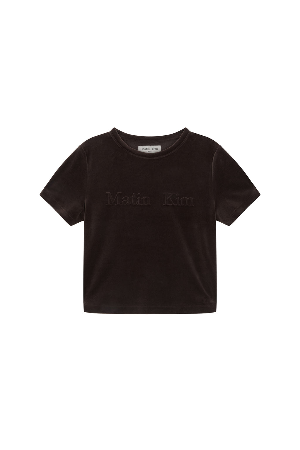 Matin Kim - Logo Emboss Velvet Crop Top (Brown) product image 1 | TRAB K-Fashion Australia