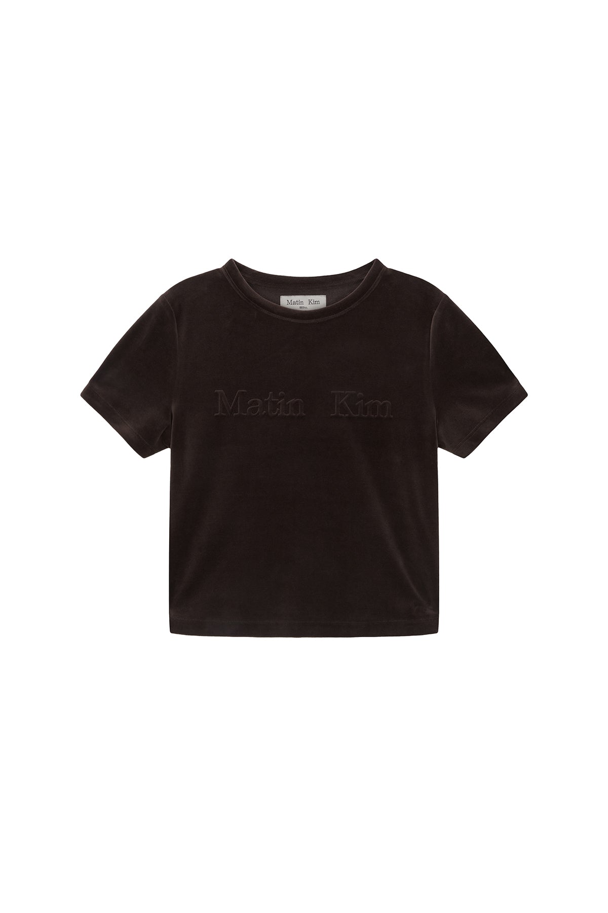 Matin Kim - Logo Emboss Velvet Crop Top (Brown) product image 1 | TRAB K-Fashion Australia