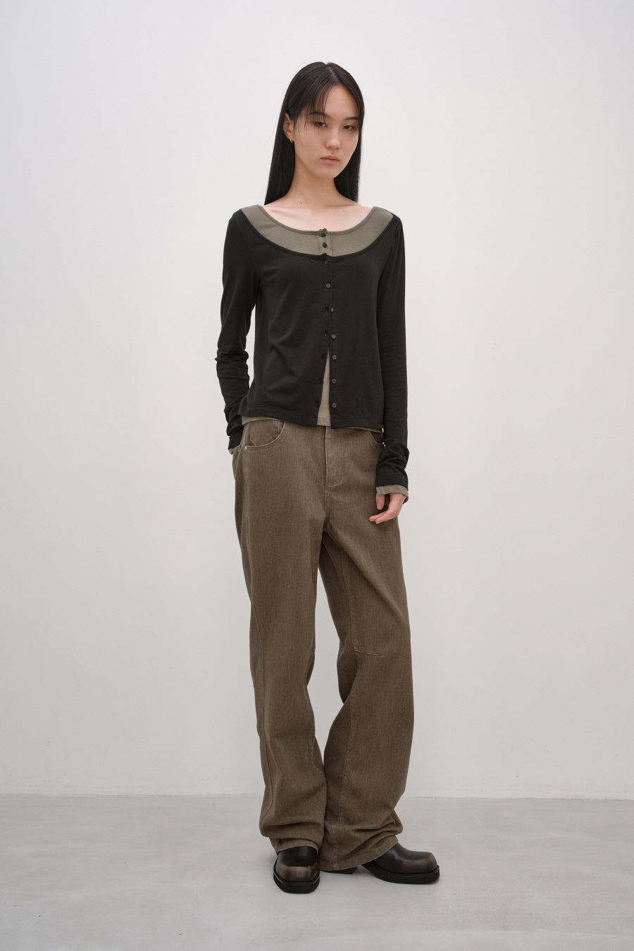 Insilence - Cardigan Layered Henley Long Sleeve (Black) product image 3 | TRAB K-Fashion Australia