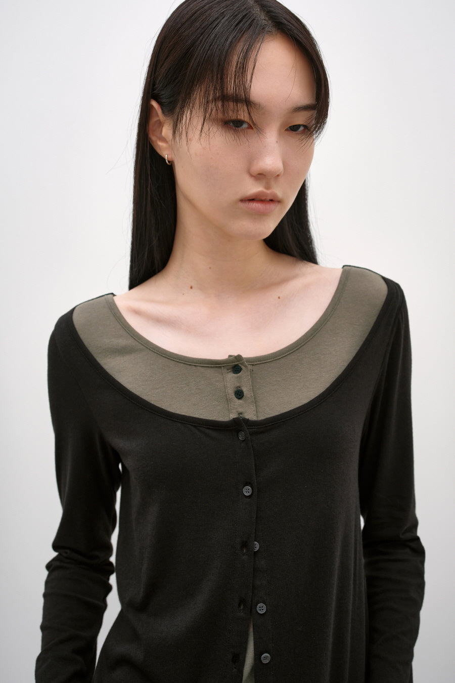 Insilence - Cardigan Layered Henley Long Sleeve (Black) product image 1 | TRAB K-Fashion Australia