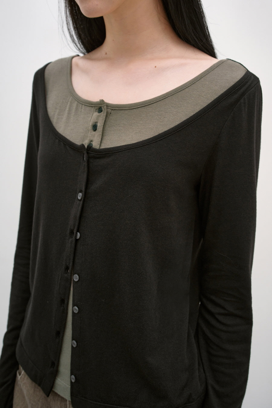 Insilence - Cardigan Layered Henley Long Sleeve (Black) product image 2 | TRAB K-Fashion Australia