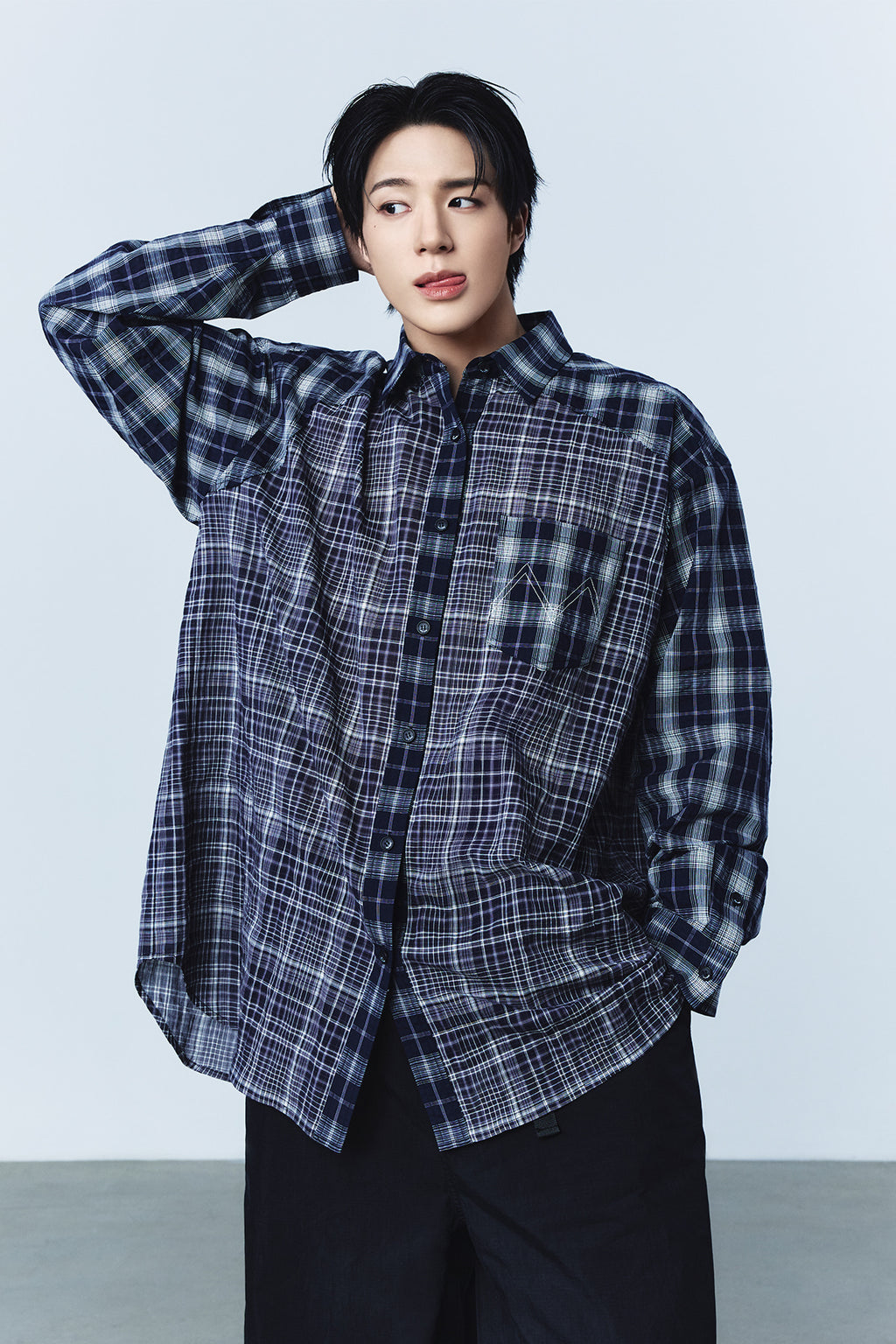 Matin Kim - Mixed Check Over Fit Shirt (Navy) product image 1 | TRAB K-Fashion Australia