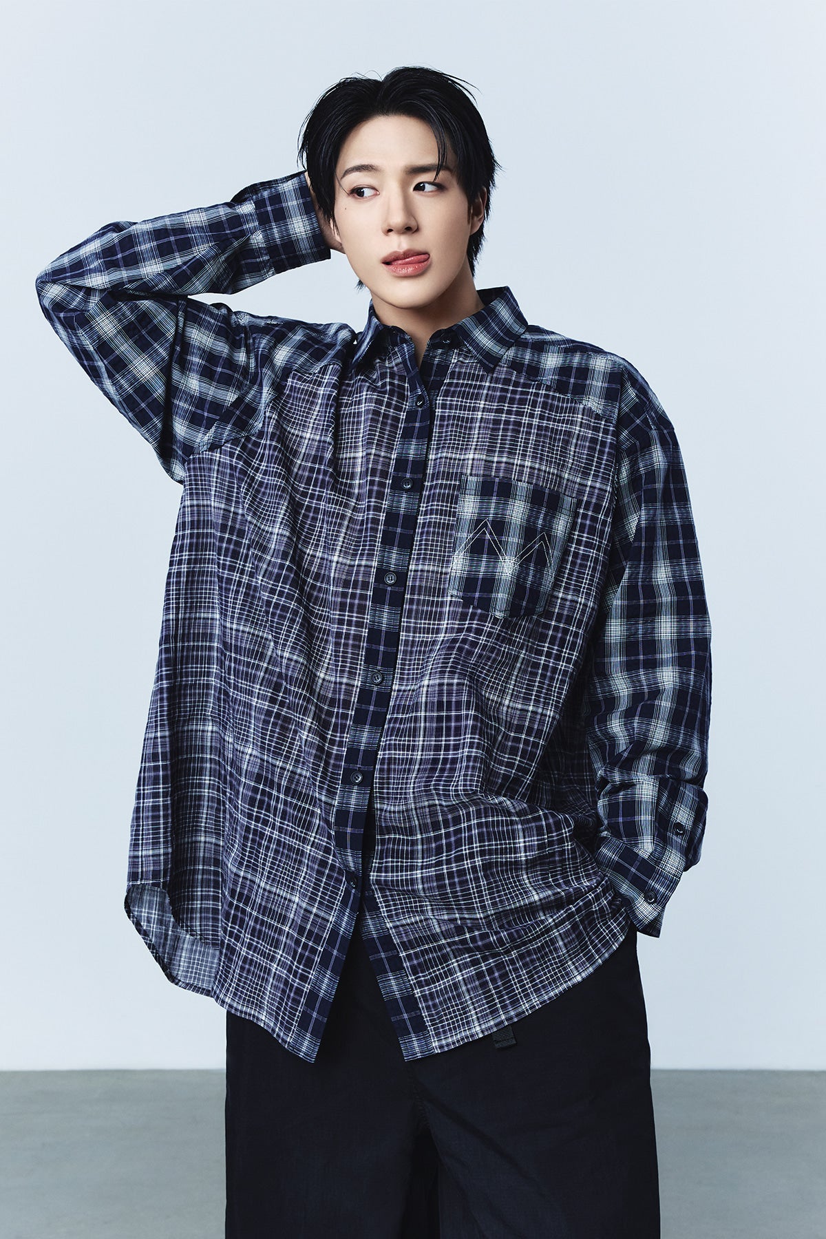 Matin Kim - Mixed Check Over Fit Shirt (Navy) product image 1 | TRAB K-Fashion Australia