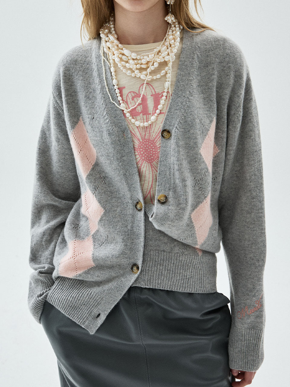 Mardi Mercredi - Cashmere Blend Cardigan V Neck Argyle Punching Detail (Grey) product image 1 | TRAB K-Fashion Australia