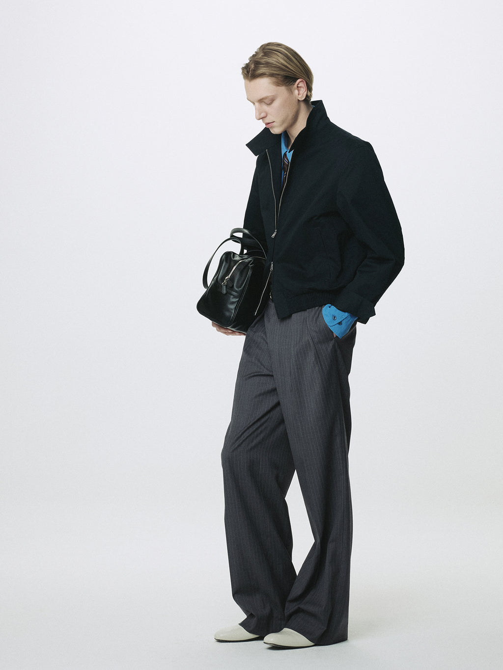 Tonywack - Striped Wool Double-Pleated Wide Trousers (Grey Stripe) product image 5 | TRAB K-Fashion Australia